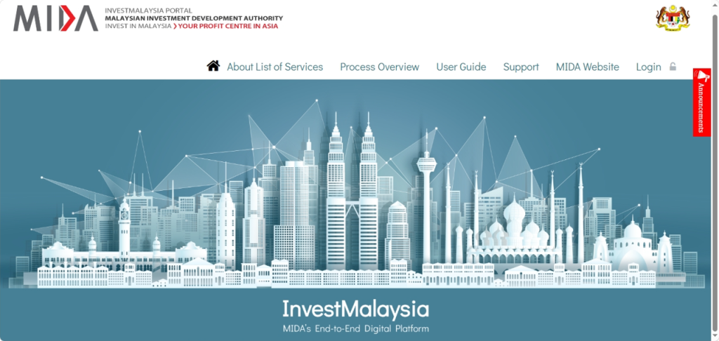 invest malaysia homepage where the mida expatriate system module is accessed