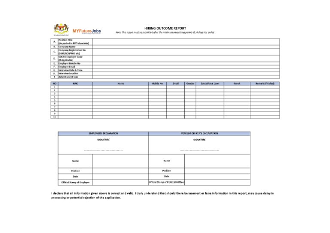 sample hiring outcome report from PERKESO