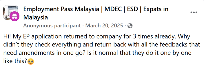 screenshot of expat on facebook complaining that their EP application has been returned multiple times by immigration